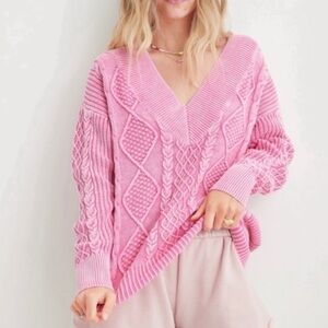 Aerie Soft Pink V-Neck Cable Sweater